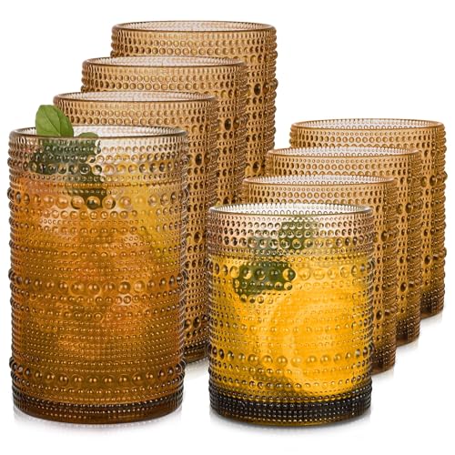 Gray Hobnail Drinking Glasses Set of 8，15 oz Vintage Highball Glassess & 12 oz Cocktail Glasses，Drinkware Kitchen Glasses for Cocktail, Iced Coffee, Beer, Ice Tea, Wine, Whiskey, Water - color: Amber