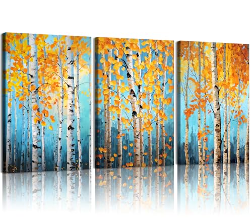 EEYNAQQ Birch Tree Wall Art, 3-Piece Teal Blue Autumn Forest Canvas Painting, Yellow Leaf Natural Forest Picture Wall Decor for Living Room Bedroom, 12x16 Inches Ready to Hang - color: Birch forest, size: 12x16 Inches
