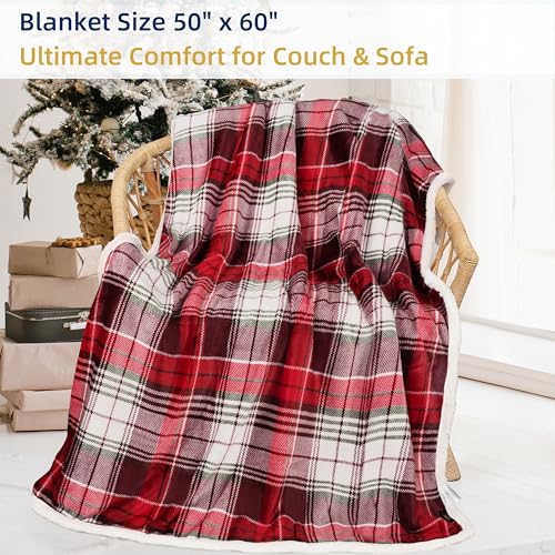 Christmas Red Buffalo Plaid Sherpa Throw Blanket, Reversible Super Soft Warm Comfy Fuzzy Snuggly Micro Fleece Plush Holiday Throws for Couch Sofa Cabin Decro - color: Red Plaid