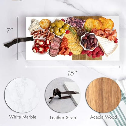 HomeWetBar Personalized Acacia Charcuterie Board | Custom 15" x 7" White Marble & Acacia Wood Cheese Board | Perfect Housewarming + Wedding + Couples Gift Idea - style: Winslow White Marble Board