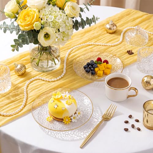 Rubtlamp 200 Pcs Clear Gold Dessert Plates with Forks, 6 inch Hammered Gold Small Disposable Plates, Fancy Appetizer Platos Include 100 Cake Plate,6 inch 100 gold Forks for Birthday, Wedding, Teatime - color: Clear gold