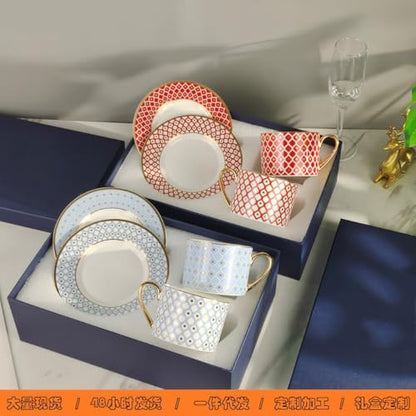 Coffee Cup and Saucer Set – Elegant Royal Blue Star Bone China Gold-Trimmed Tea Cup, Luxurious Metallic Accent Ceramic Cup (Red,2 Cups + 2 Saucers,Art Deco) - color: Red