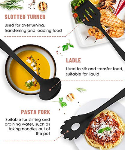 Black Kitchen Utensils Set-12 Pieces Silicone Cooking Utensils Set | Dishwasher Safe 392°F Heat Resistant Spatula Set Kitchen Utensil Set for Nonstick Cookware,Best Kitchen Tools with Holder - color: Black