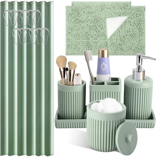 XLHOMO Light Green Bathroom Sets with Shower Curtain and Rugs, 8-Piece Resin Bathroom Accessories Sets Complete, Soap Dispenser, Toothbrush Holder, Tumbler, Tray & Apothecary Jars Bathroom Essentials - color: Green, size: Resin Bath Set Complete