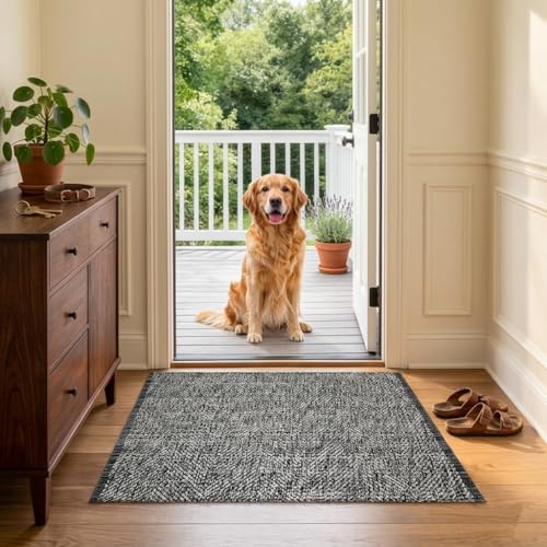 Washable Black and Cream Bathroom Rug, Cotton Woven Kitchen Rugs | 2x3 Small Black Woven Entryway Rug Front Door Mat, Modern Reversible Farmhouse Carpet for Foyer Front Porch Laundry Decor - color: Black/White, size: 2' x 3' (Rectangular)