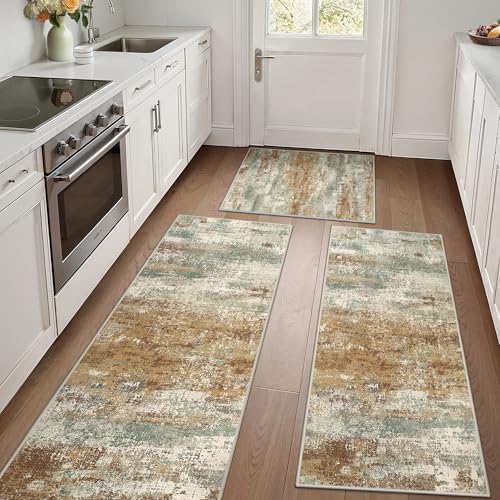 GENIMO Kitchen Rugs Set of 3, Washable Non Slip Kitchen Mats for Floor | 20"x32"&20"x48"&20"x59", Orange Green vintage abstract rug, soft faux cashmere, low pile, easy-clean for laundry - color: Orange Green, size: 20"x32"+20"x48"+20"x59"