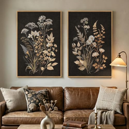 Large Framed Vintage Botanical 24x36 Wall Art for Living Room, 2 Piece | Farmhouse floral pictures, Wood frame, Canvas prints, Dark flower artwork, Bedroom Kitchen hallway wall decor - color: Black & Beige, size: 24" W x 36" H x 2Pcs