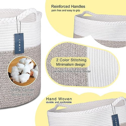 COMSE XXXLarge Woven Blanket & Laundry Basket, 87L, White & Light Brown | 21.7" x 13.8", Cotton Rope, Nursery Hamper for Storage of Toys Clothes Towels, Ideal for Living Room Bedroom Bathroom - color: White & Light Brown