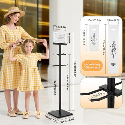 Wet Umbrella Stand with 400 Free Plastic Umbrella Bags disposable for Entry | 4-Side Hanging Umbrella Holder | Magnetic Signs | Dual-Size Umbrella Bag