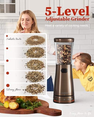 Electric Salt and Pepper Grinder Set with Storage Base, Stainless Steel Rechargeable Salt and Pepper Grinder Set with 4.5 oz Large Capacity, 1.8" Wide Mouth, Adjustable Coarseness, Ideal for Kitchen - color: Bronze