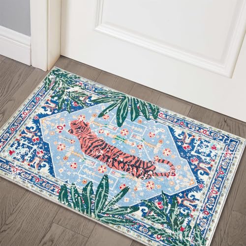 Tropical Jungle Rugs, 2x3 Faux Wool Botanical Boho Throw Rugs for Bathroom Kitchen Small Indoor Entryway Rug Modern Vintage Distressed Hippie Indian Accent Floor Mat Non-Slip Washable - color: Blue, size: 2' x 3'