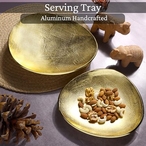 Oval Metal Serving Trays | Stylish Vanity Organizer or Catchall Valet Display | Handmade Metal Platter for Vanity Organizer Tray for Camping, BBQ, Party, Buffet, Appetizer (Gold)