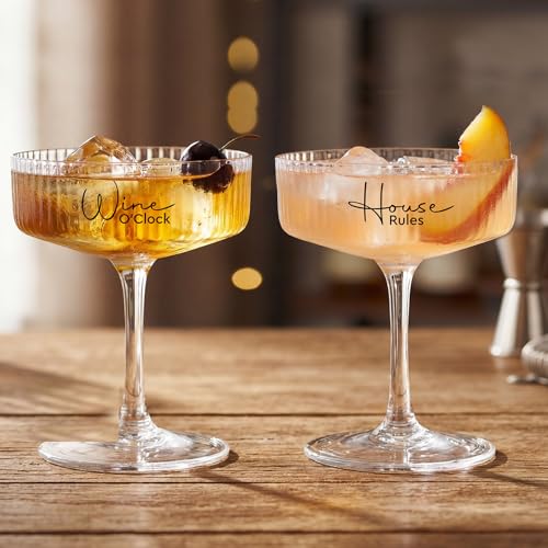 AW BRIDAL 8.5oz Ribbed Coupe Glasses Set of 2, Martini Champagne Glass | Housewarming Gifts for New Home, Wedding Gifts for Couples 2026, Martini Cocktail Glass, Couple Gift for Bridal Shower - style: House Rules & Wine O'Clock