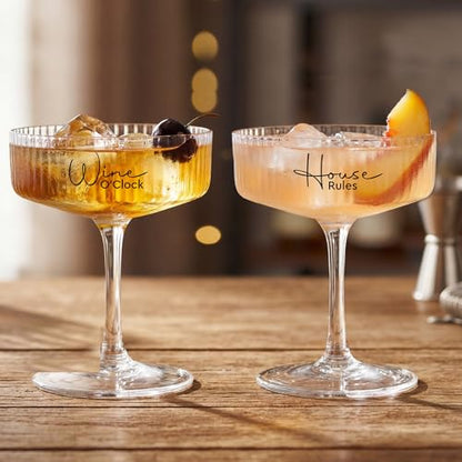 AW BRIDAL 8.5oz Ribbed Coupe Glasses Set of 2, Martini Champagne Glass | Housewarming Gifts for New Home, Wedding Gifts for Couples 2026, Martini Cocktail Glass, Couple Gift for Bridal Shower - style: House Rules & Wine O'Clock