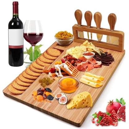 Widousy Bamboo Cheese Board Set, Cheese Tray, Charcuterie Board and Serving Meat Platter with 4 Stainless Steel Cheese Knives, Ideal for Wedding Gifts Christmas Birthday Party (14''x11'')