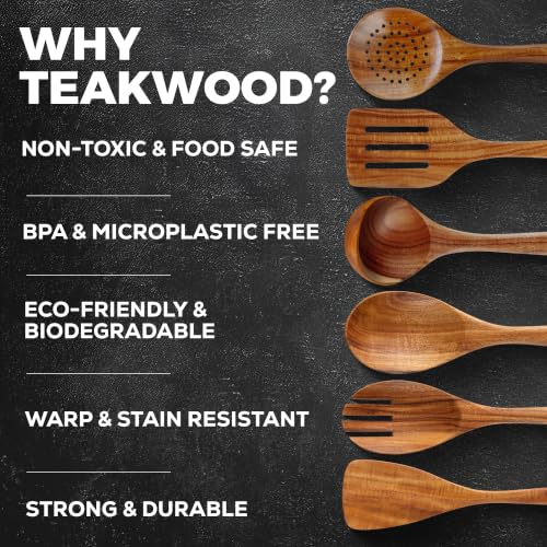 Zulay Kitchen Extra-Large 6-Piece Wooden Spoon Set - Smooth Teak Cooking Utensils - Comfort-Grip Non-Stick Turner, Spatula, Skimmer, Fork, Serving Spoon - size: 6 Piece | Large