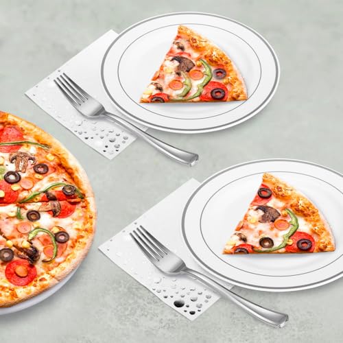 Silver Dessert Plates Set, 100 Wedding Plates, Forks and Napkins, 7.5 Inch | Sturdy plastic, cake service, appetizer tables, salad course, weddings, birthdays, easy cleanup - color: Silver, style: Plates,Forks and Napkins