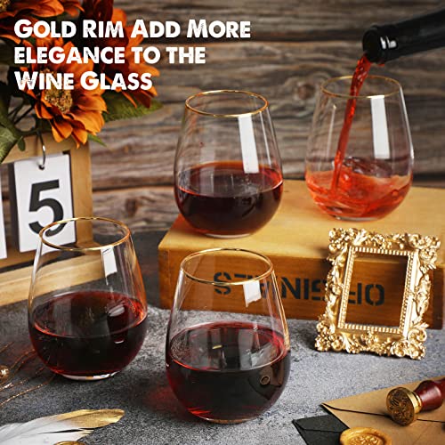Mimorou Stemless Wine Glasses & Gold Rim, Set of 8, 15 oz Red Wine Glasses | Gold Rimmed, Elegant Style, Stable Base Prevents Tipping, for Wedding Party Events or Daily, as a Housewarming Gift