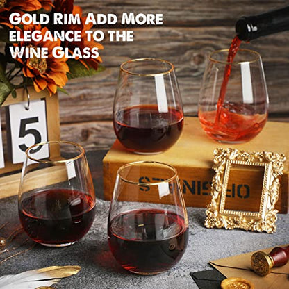 Mimorou Stemless Wine Glasses & Gold Rim, Set of 8, 15 oz Red Wine Glasses | Gold Rimmed, Elegant Style, Stable Base Prevents Tipping, for Wedding Party Events or Daily, as a Housewarming Gift