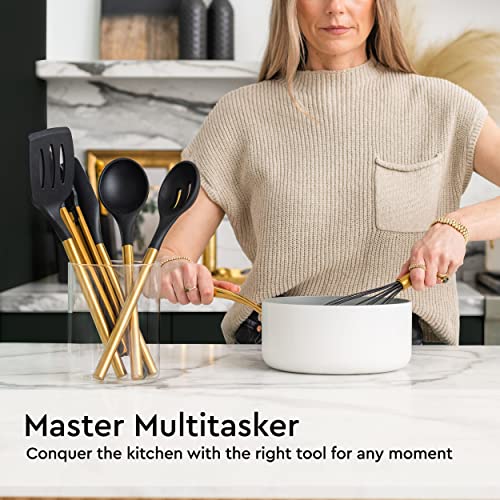 Styled Settings Black and Gold Kitchen Utensils Set, 6-Piece | Silicone Utensils Set Include Tongs, Whisk, Serving Spoon, Spatula, & Turner for Stylish Cooking - Gold Kitchen Accessories - color: Black & Gold