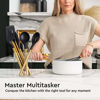 Styled Settings Black and Gold Kitchen Utensils Set, 6-Piece | Silicone Utensils Set Include Tongs, Whisk, Serving Spoon, Spatula, & Turner for Stylish Cooking - Gold Kitchen Accessories - color: Black & Gold
