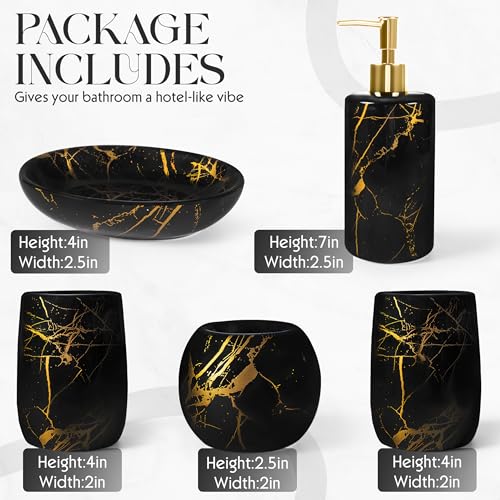 Ceramic Bathroom Accessory Set, 5-Piece Bathroom Accessory Set, Soap Dish, Toothbrush Holder, Soap Dispenser, Bathroom Tumbler & Candle Holder - Modern Bathroom Organizer, (Black & Gold) - color: Black and Gold
