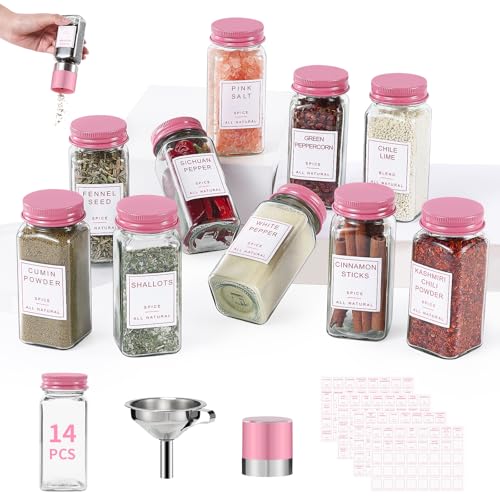 FavorFlavor Airtight Spice Containers for Kitchen: 14P 4oz Pink Glass Jars | Pink Metal Lids Square Spice Jars w/Lables/Pepper Grinder/Funnel - Seasoning Bottles for Rack/Cabinet/Drawer - color: pink-14