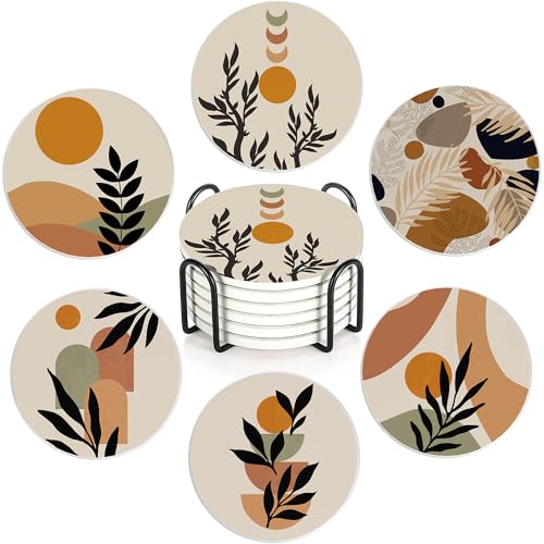 Drink Coasters Set of 6 with Holder, Abstract Boho Sun Leaves Absorbent Ceramic Coasters with Cork Base,Fit All Cups,Great Gift for Housewarming,Room Decor,Bar,Holiday Party - color: Abstract Boho Sun Leaves