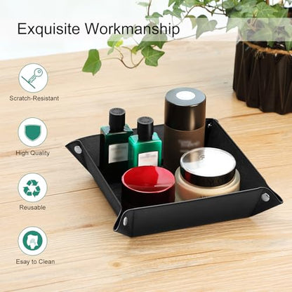 SITHON Valet Tray Desktop Storage Organizer PU Leather Catchall Tray | Bedside Nightstand Caddy Dice Holder for Keys, Phone, Wallet, Coin, Jewelry, Traveling and More, Black