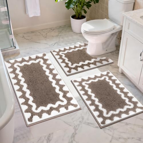Findosom Bathroom Rugs Sets 5 Piece, Absorbent Soft Non-Slip Bath Rug Set | Washable Microfiber Shaggy Bath Mat Set with Bathroom Runner Rug, U-Shaped Toilet Rugs, Shower Rug & Toilet Lid Cover, Brown - color: Brown & White, size: 18"x26"+20"x32"+20"x48"+