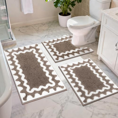 Findosom Bathroom Rugs Sets 5 Piece, Absorbent Soft Non-Slip Bath Rug Set | Washable Microfiber Shaggy Bath Mat Set with Bathroom Runner Rug, U-Shaped Toilet Rugs, Shower Rug & Toilet Lid Cover, Brown - color: Brown & White, size: 18"x26"+20"x32"+20"x48"+