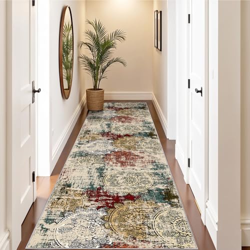 Washable Runner Rug 2x8 Modern: Non-Slip Backing Indoor Carpet Hallway | Abstract Thin Low-Pile Stain Resistant Easy Clean Soft Mandala Mat Kitchen Foyer Office High-Traffic Household Red Green - color: Red/Green/Multi, size: 2' x 8' (Rectangular)
