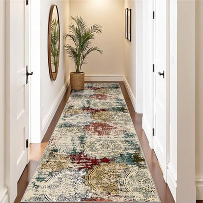 Washable Runner Rug 2x8 Modern: Non-Slip Backing Indoor Carpet Hallway | Abstract Thin Low-Pile Stain Resistant Easy Clean Soft Mandala Mat Kitchen Foyer Office High-Traffic Household Red Green - color: Red/Green/Multi, size: 2' x 8' (Rectangular)