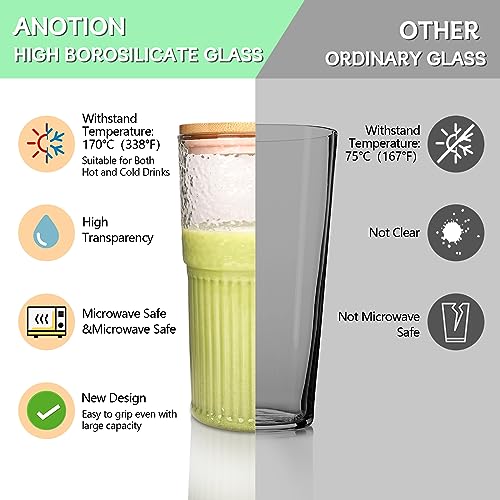 ANOTION 2Pcs 22 oz Iced Coffee Cups Drinking Glasses Iced Coffee Cup | Reusable Smoothie Cup Glass Tumbler Water Glasses Ribbed Glassware - color: Pink Lids
