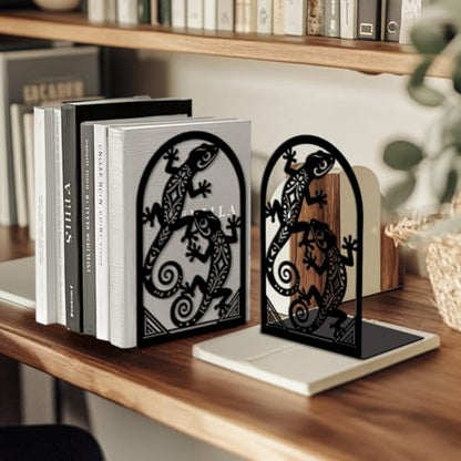 5.3"x4.3"x7.9" Metal Bookends, Heavy Duty Book Ends for Shelves | Geckos Theme Cast Iron Book Supports, 1 Pair Decor Stoppers for Desk, Library, Office & Home Shelves - style: Geckos