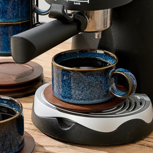 LUKA 6 Ounce Porcelain Stackable Espresso Cups with Saucers and Metal Stand Set of 4, Ceramic Cappuccino Cups Set for Specialty Coffee Drinks, Latte, Cafe Mocha and Tea, Reactive Blue - color: Reactive Blue