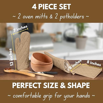 Native Fab Pot Holders and Oven Mitts Sets for Kitchen Heat Resistant- Hanging Non-Slip - 100% Cotton Oven Mitts and Pot Holders 4-Piece Set- Beige - color: Beige
