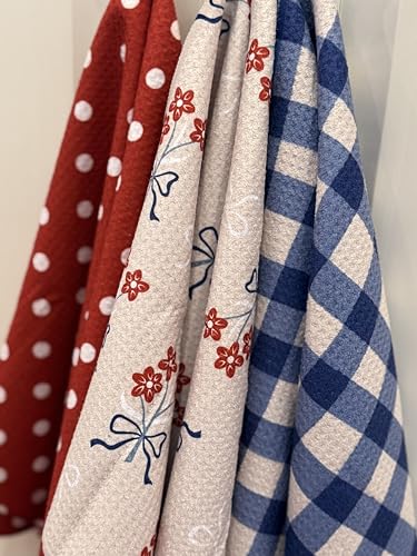Kitchen Towels, Dish Towels for Kitchen, 3 Pc Kitchen Towel Set | Microfiber Waffle Towels, 16 x 26 inches, with Hanging Loops, Reusable Tea Towels, Cute Kitchen Towels - 3 Pack - color: Red/White/Blue