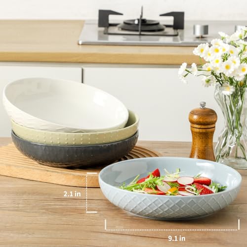 HASENSE Ceramic Pasta Bowls, 42 OZ Ceramic Salad Bowl Set of 4, Large Serving Plate Bowls,Embossment Stoneware Wide and Shallow Pasta Plates for Fruits, Noodle,Colorful - color: Colorful