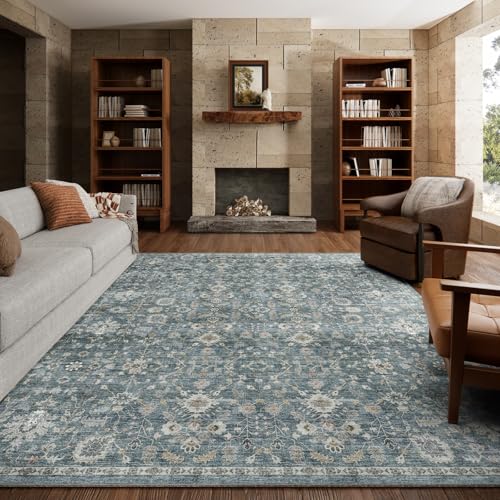 Machine Washable Rugs for Living Room: 6x9 Area Rugs for Bedroom | Ultra Soft,Non-Slip,Low Pile,Vintage Distress,Boho,Large,Carpet,High-Traffic,Dining Room,Nursery,Farmhouse Decor - color: Cyan/Golden/Multi, size: 6' x 9' (Rectangular)