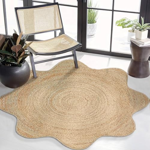 Hand Woven Natural Jute Braided Rug – 6 Ft Round Scalloped Rug | Rustic Boho Farmhouse Reversible Rug for Entryway, Front Door, Kitchen, Nursery, Dining Room, or Patio | Natural Fiber Rug - size: 6' x 6' (Flower)