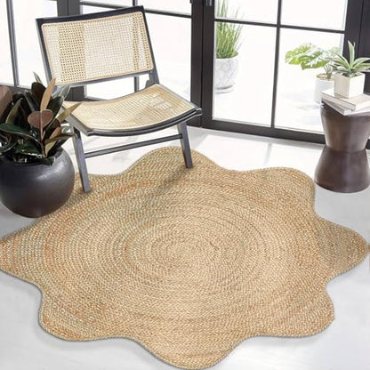 Hand Woven Natural Jute Braided Rug – 6 Ft Round Scalloped Rug | Rustic Boho Farmhouse Reversible Rug for Entryway, Front Door, Kitchen, Nursery, Dining Room, or Patio | Natural Fiber Rug - size: 6' x 6' (Flower)