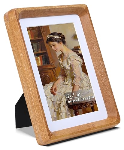 5x7 Picture Frame with Mat for 4x6, USA-Sourced Natural Teak Wood Handcrafted Rounded Corner with Real Glass, Vertical or Horizontal Display Photo Gallery Wall & Tabletop Frame - color: Teak, size: 5x7 Matted to 4x6