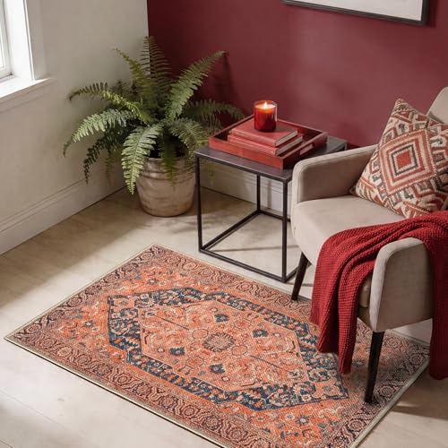 Keen Home Design 2x3 Rug - Machine Washable Entry Rug with Non-Slip Backing, Ideal for Enteryway, Kitchen, Bathroom, Laundry Room - Vintage, Easy Clean, Durable, Low Pile Rug - (2' x 3') - color: Orange/Blue, size: 2' x 3' (Rectangular)