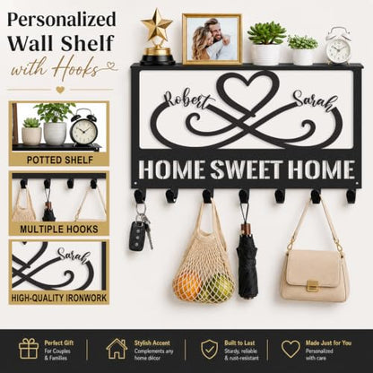 Personalized Metal Key Holder with Shelf, Coat Rack Wall Mount | Custom Names Heart Wall Key Holder with Shelf for Entryway Bedroom, Anniversary & Wedding Gift for Couples - color: Color 01