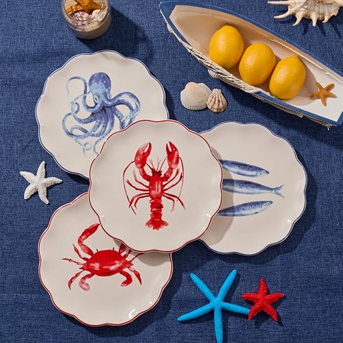 Bico Ocean Wonders Scalloped Salad Plates Set of 4, 8.75 Inch Ceramic Dessert Plates for Salad, Appetizer, Side Dishes, Microwave and Dishwasher Safe, Gift for Housewarming and Christmas - color: Ocean Creatures