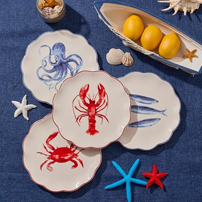 Bico Ocean Wonders Scalloped Salad Plates Set of 4, 8.75 Inch Ceramic Dessert Plates for Salad, Appetizer, Side Dishes, Microwave and Dishwasher Safe, Gift for Housewarming and Christmas - color: Ocean Creatures