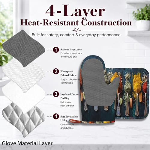 Various Herbs and Spices Oven Mitts and Pot Holders Sets Non-Slip Silicone Surface for BBQ Gloves,Kitchen,Cooking,Baking,Grilling - color: Various Herbs and Spices