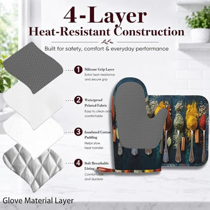 Various Herbs and Spices Oven Mitts and Pot Holders Sets Non-Slip Silicone Surface for BBQ Gloves,Kitchen,Cooking,Baking,Grilling - color: Various Herbs and Spices
