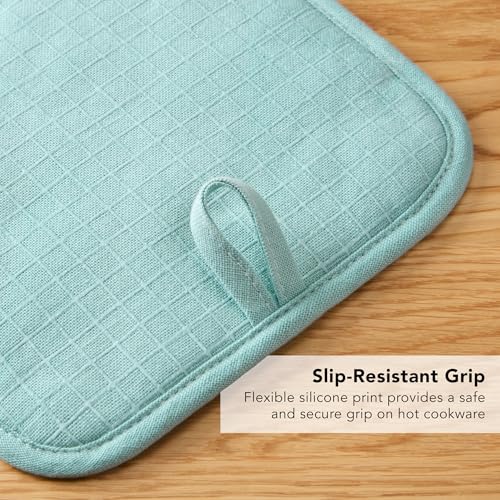KITCHENAID Gourmet Series Gridlines Pot Holders 2-Pack Set, Heat Resistant up to 600°F, Soft Silicone Grip, Magnetic Cuff, Mineral Water Aqua, 8"x8" - color: Mineral Water Aqua
